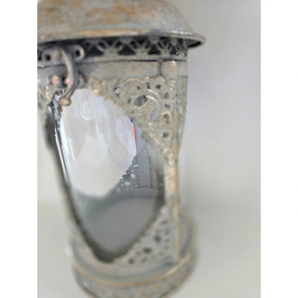 Vintage Style Distressed Grey Gold Metal Filigree Glass Candle Lantern Handle